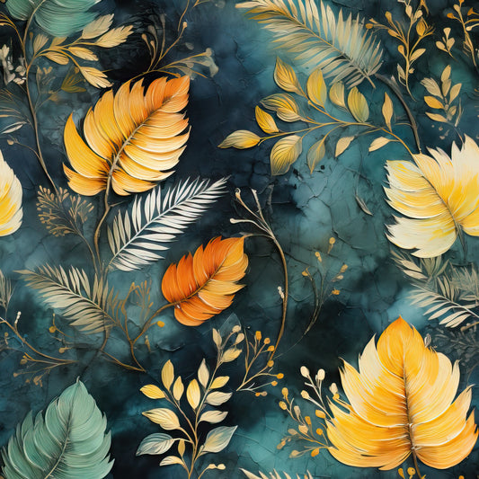 teal blue, golden yellow, orange, cream, tropical leaves, palm fronds, feathers, botanical pattern, watercolor style, autumn colors, quilting cotton, fabric panel, nature motif, organic shapes, warm tones, cool blues, flowing design, tropical theme, artistic illustration, craft fabric