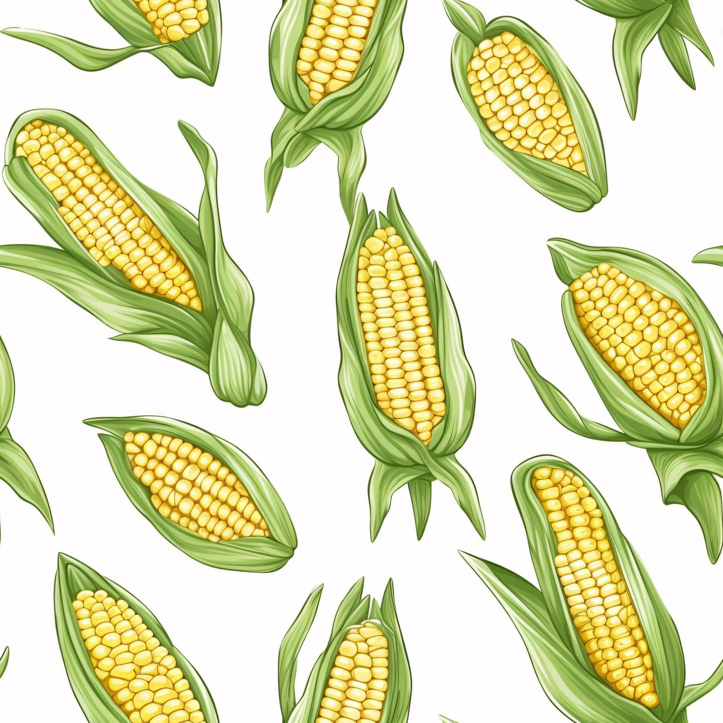 yellow corn, golden kernels, green husks, corn cobs, vegetable pattern, harvest theme, farm produce, botanical design, food illustration, quilting cotton, fabric panel, summer crops, agricultural motif, realistic style, scattered layout, natural colors, garden vegetables, corn stalks, fresh produce, farming theme