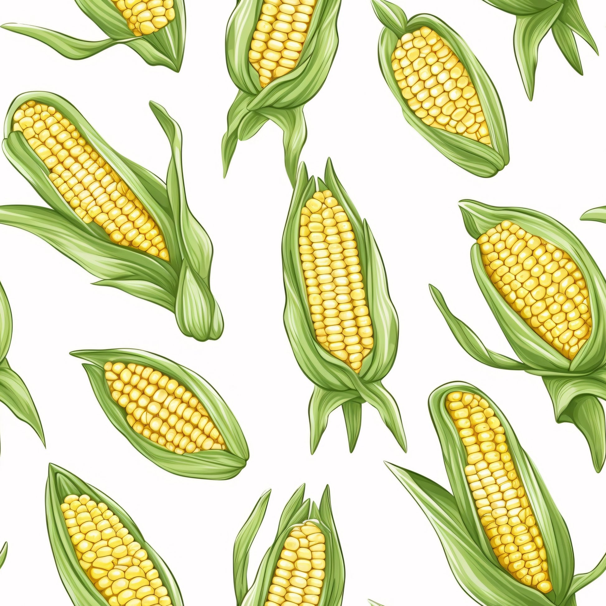 yellow corn, golden kernels, green husks, corn cobs, vegetable pattern, harvest theme, farm produce, botanical design, food illustration, quilting cotton, fabric panel, summer crops, agricultural motif, realistic style, scattered layout, natural colors, garden vegetables, corn stalks, fresh produce, farming theme
