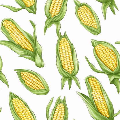 yellow corn, golden kernels, green husks, corn cobs, vegetable pattern, harvest theme, farm produce, botanical design, food illustration, quilting cotton, fabric panel, summer crops, agricultural motif, realistic style, scattered layout, natural colors, garden vegetables, corn stalks, fresh produce, farming theme
