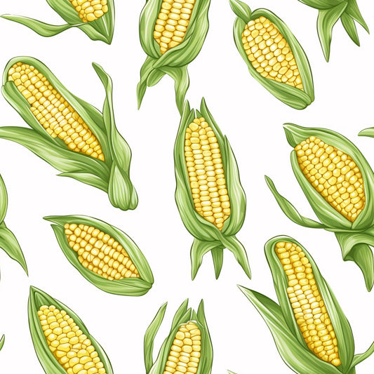 yellow corn, golden kernels, green husks, corn cobs, vegetable pattern, harvest theme, farm produce, botanical design, food illustration, quilting cotton, fabric panel, summer crops, agricultural motif, realistic style, scattered layout, natural colors, garden vegetables, corn stalks, fresh produce, farming theme