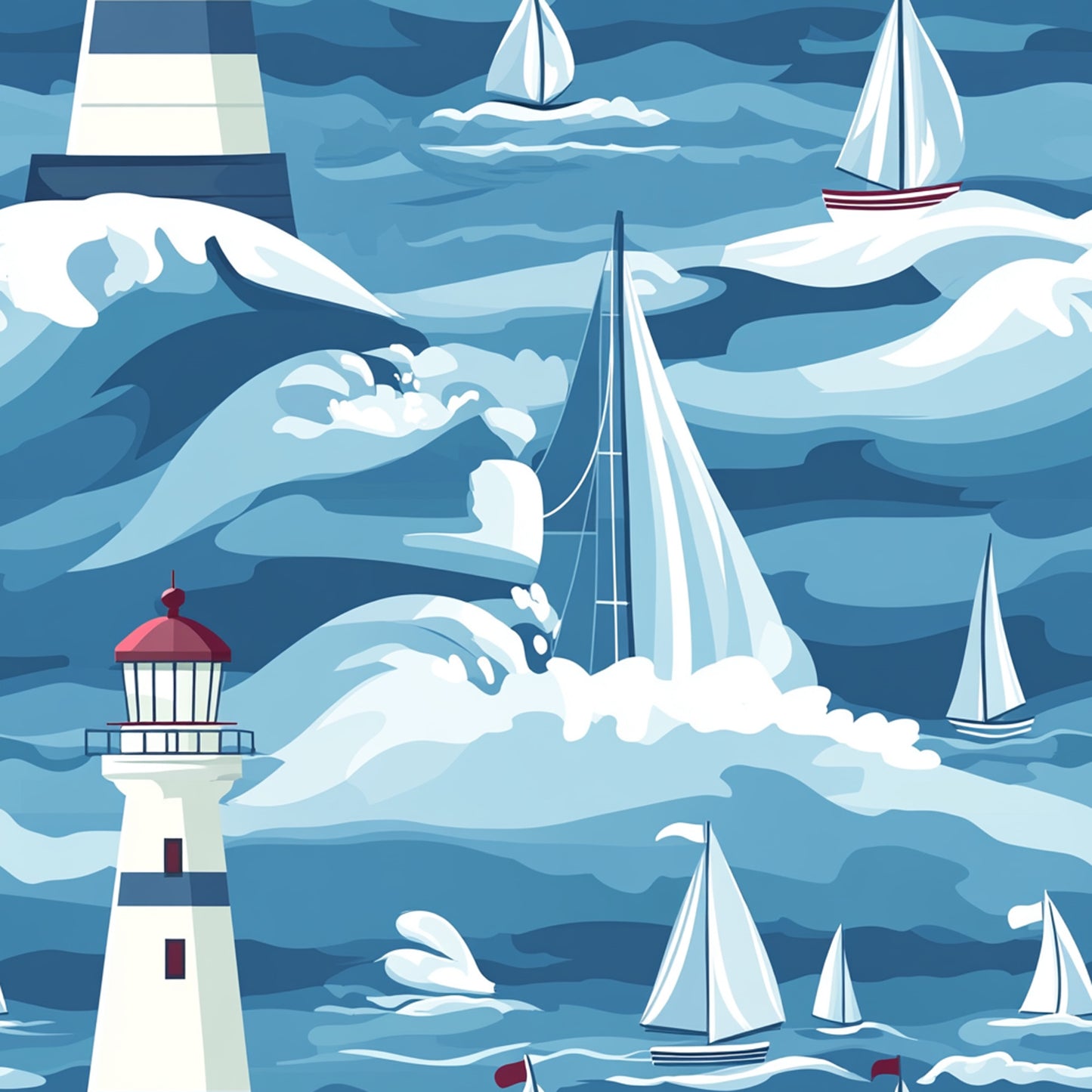 navy blue, light blue, white, red accents, lighthouse, sailboats, ocean waves, nautical theme, maritime scene, coastal design, stylized illustration, geometric waves, quilting cotton, fabric panel, sailing vessels, seascape, marine motif, contemporary art style, repetitive pattern, boat hulls