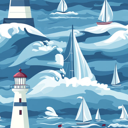 navy blue, light blue, white, red accents, lighthouse, sailboats, ocean waves, nautical theme, maritime scene, coastal design, stylized illustration, geometric waves, quilting cotton, fabric panel, sailing vessels, seascape, marine motif, contemporary art style, repetitive pattern, boat hulls