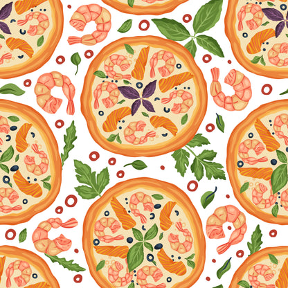 pizza pattern, seafood pizza, shrimp toppings, salmon slices, basil leaves, orange crust, coral pink, forest green, cream background, food illustration, italian cuisine, kitchen theme, cooking motif, quilting cotton, fabric panel, cheerful design, culinary art, restaurant theme, appetizing colors, seamless repeat