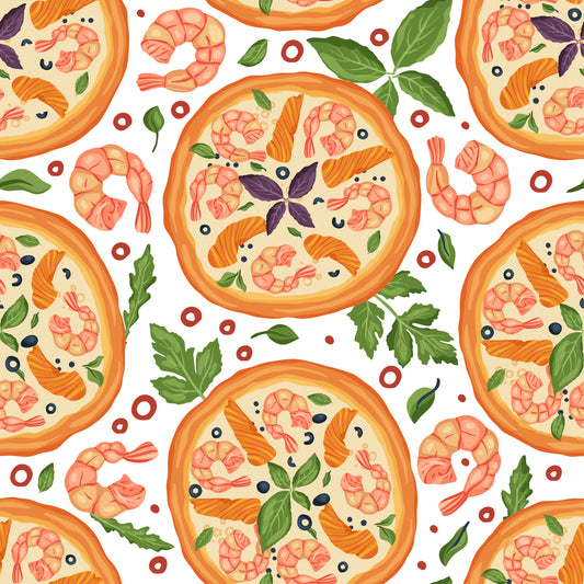 pizza pattern, seafood pizza, shrimp toppings, salmon slices, basil leaves, orange crust, coral pink, forest green, cream background, food illustration, italian cuisine, kitchen theme, cooking motif, quilting cotton, fabric panel, cheerful design, culinary art, restaurant theme, appetizing colors, seamless repeat