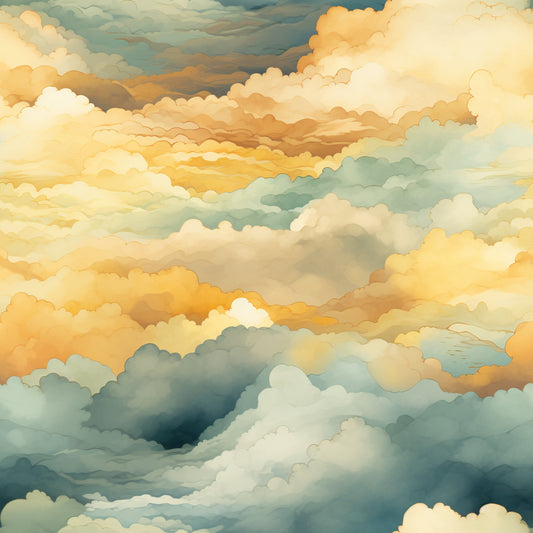 sunset colors, golden yellow, soft orange, sage green, blue-gray, cream white, cloud formations, sky scene, atmospheric design, dreamy mood, layered clouds, horizon view, evening sky, warm tones, cool tones, quilting cotton, fabric panel, nature inspired, peaceful scene, gradient effect, soft blend, artistic style