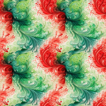 watercolor, christmas swirls, red, green, teal, emerald, coral, festive pattern, flowing design, ornamental swirls, holiday motifs, decorative flourishes, quilting cotton, fabric panel, seasonal fabric, winter colors, artistic brushstrokes, repeating pattern, crafting material, holiday sewing