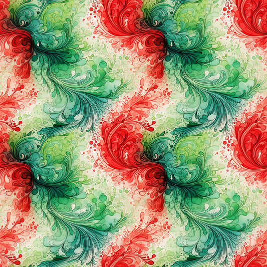 watercolor, christmas swirls, red, green, teal, emerald, coral, festive pattern, flowing design, ornamental swirls, holiday motifs, decorative flourishes, quilting cotton, fabric panel, seasonal fabric, winter colors, artistic brushstrokes, repeating pattern, crafting material, holiday sewing
