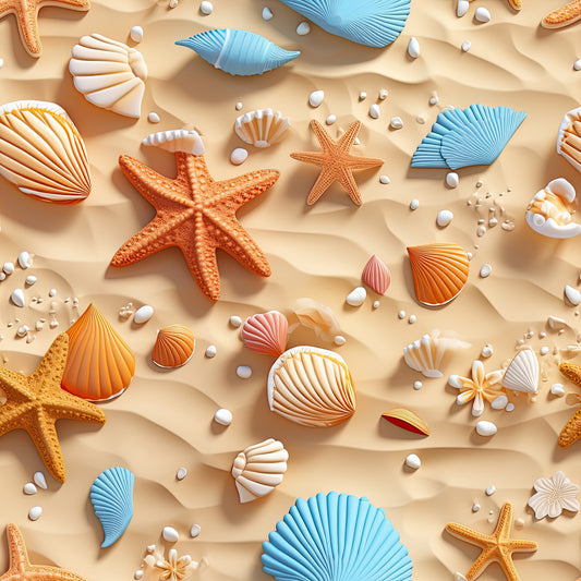 beach theme, seashells, starfish, ocean creatures, sandy beige, coral orange, turquoise blue, white pearls, nautical design, coastal pattern, summer vibes, marine life, quilting cotton, fabric panel, seaside motif, tropical colors, beach treasures, scallop shells, sea stars, ocean elements
