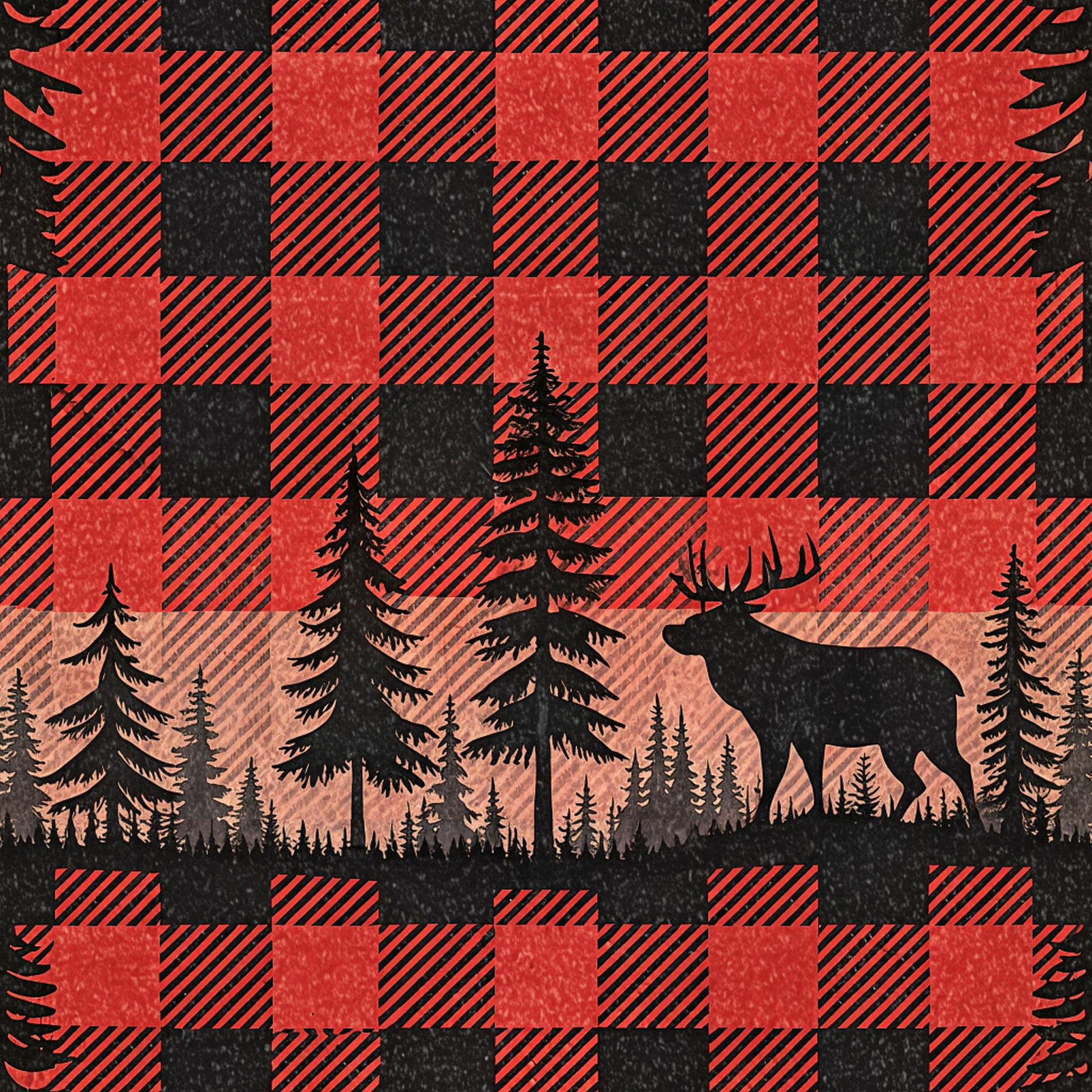 red, black, buffalo plaid, checkered pattern, moose, deer, antlers, evergreen trees, pine trees, forest scene, silhouette, wilderness, outdoor theme, quilting cotton, fabric panel, rustic, cabin style, hunting theme, woodland animals, nature scene