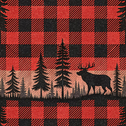 red, black, buffalo plaid, checkered pattern, moose, deer, antlers, evergreen trees, pine trees, forest scene, silhouette, wilderness, outdoor theme, quilting cotton, fabric panel, rustic, cabin style, hunting theme, woodland animals, nature scene