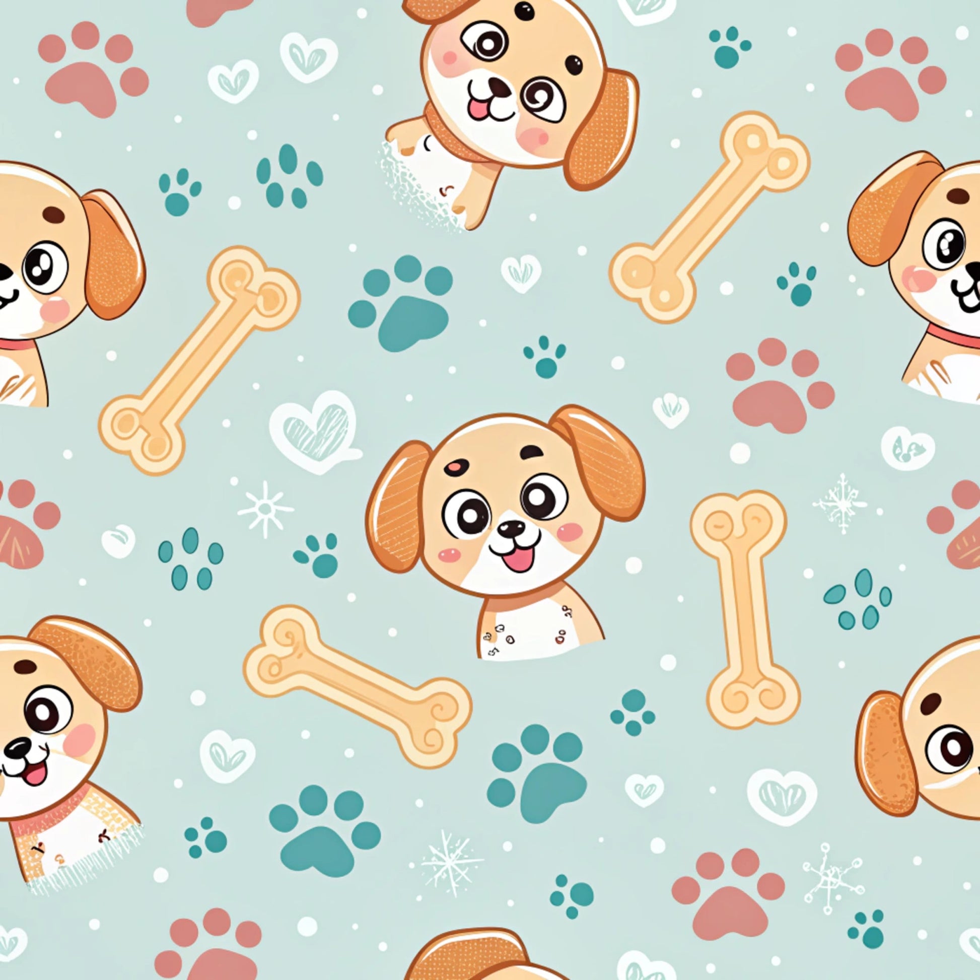 cute dogs, cartoon puppies, paw prints, dog bones, light blue background, coral pink, teal green, cream yellow, kawaii style, adorable faces, repeating pattern, quilting cotton, fabric panel, playful design, pet themed, animal print, hearts, winter snowflakes, cheerful mood, craft fabric