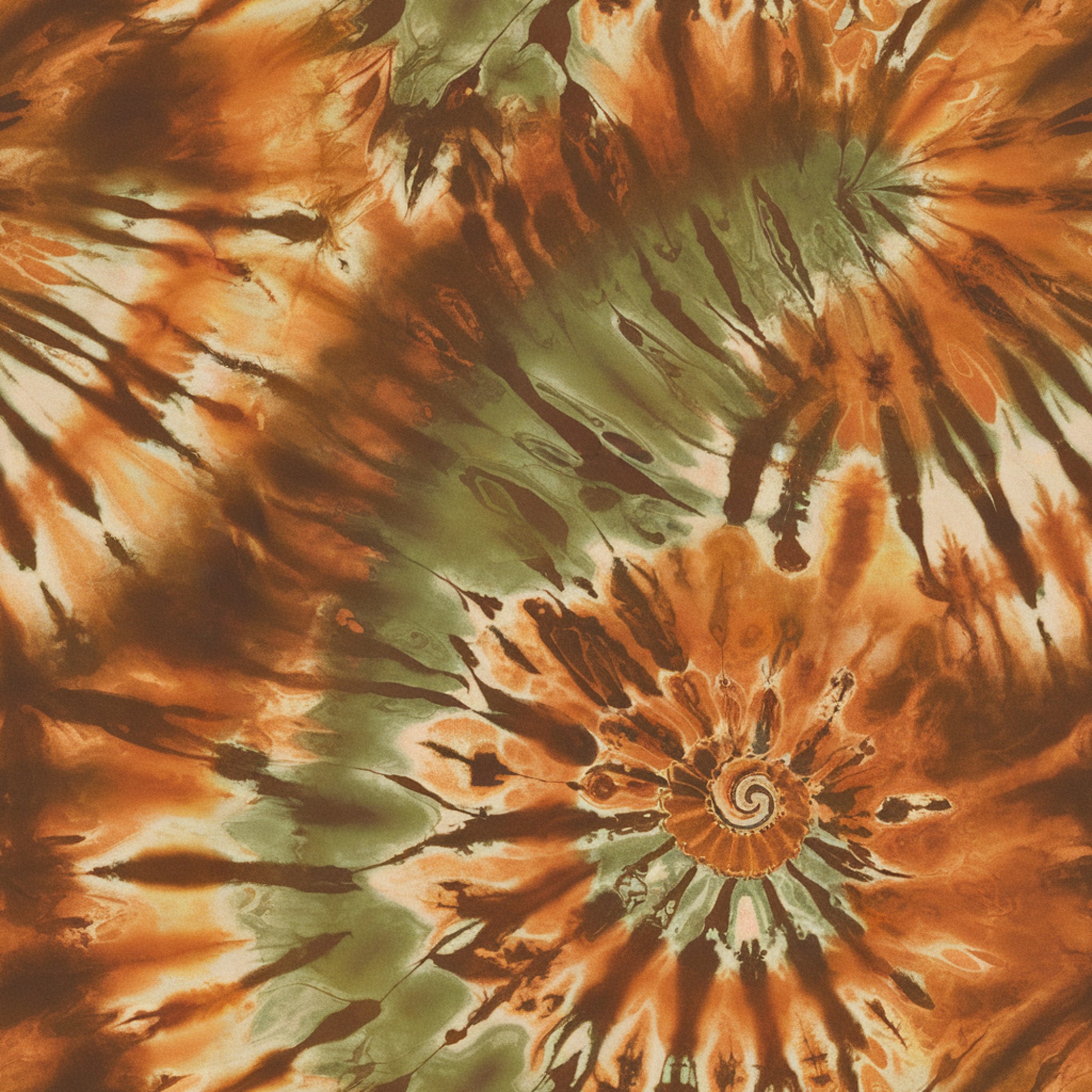 tie dye, retro pattern, spiral design, orange, sage green, cream, brown, radiating lines, psychedelic, swirl motif, cotton fabric, quilting panel, 1970s style, groovy, sunburst pattern, earthy tones, circular design, vintage inspired, bohemian, textile art