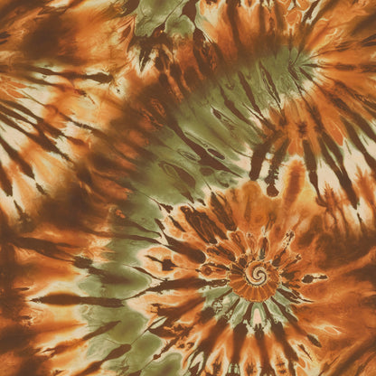 tie dye, retro pattern, spiral design, orange, sage green, cream, brown, radiating lines, psychedelic, swirl motif, cotton fabric, quilting panel, 1970s style, groovy, sunburst pattern, earthy tones, circular design, vintage inspired, bohemian, textile art