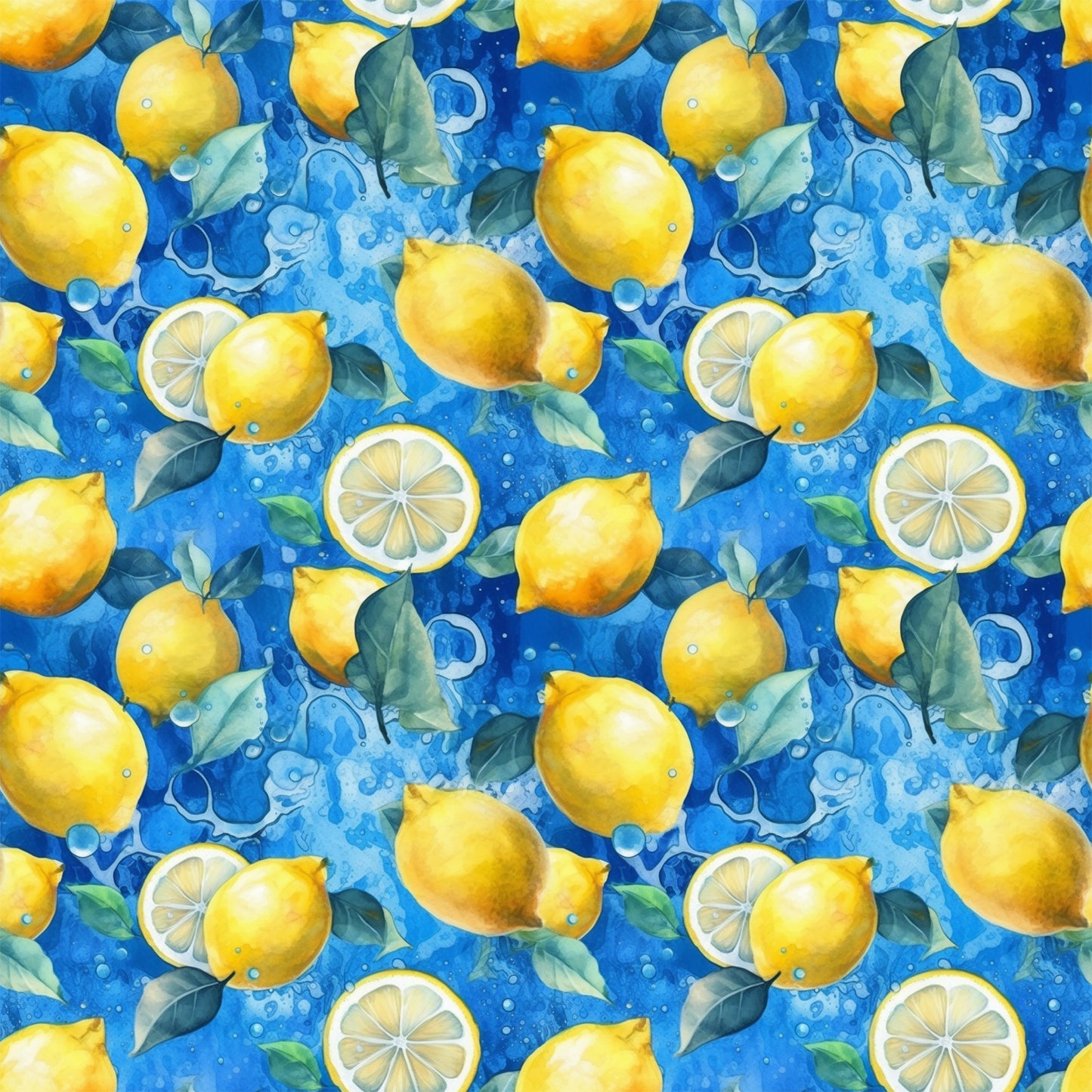 bright yellow, vibrant blue, lemon pattern, citrus fruits, lemon slices, green leaves, water bubbles, splash effect, watercolor style, repeating pattern, quilting cotton, fabric panel, fresh citrus, summer theme, bright colors, fruit motif, botanical elements, cheerful design, kitchen theme