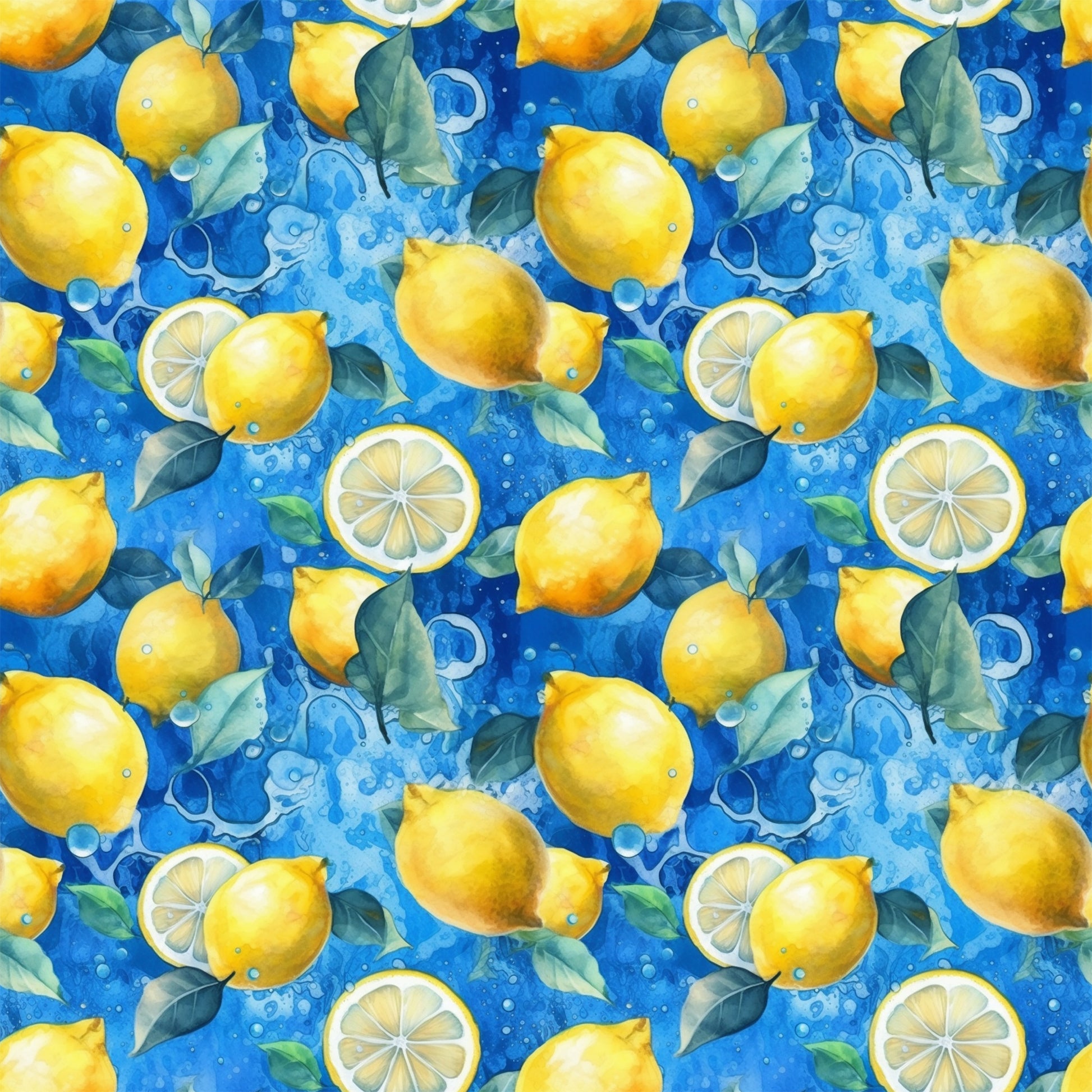 bright yellow, vibrant blue, lemon pattern, citrus fruits, lemon slices, green leaves, water bubbles, splash effect, watercolor style, repeating pattern, quilting cotton, fabric panel, fresh citrus, summer theme, bright colors, fruit motif, botanical elements, cheerful design, kitchen theme