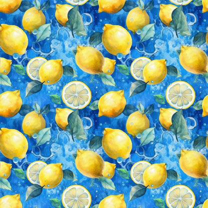 bright yellow, vibrant blue, lemon pattern, citrus fruits, lemon slices, green leaves, water bubbles, splash effect, watercolor style, repeating pattern, quilting cotton, fabric panel, fresh citrus, summer theme, bright colors, fruit motif, botanical elements, cheerful design, kitchen theme