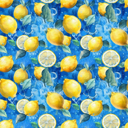 bright yellow, vibrant blue, lemon pattern, citrus fruits, lemon slices, green leaves, water bubbles, splash effect, watercolor style, repeating pattern, quilting cotton, fabric panel, fresh citrus, summer theme, bright colors, fruit motif, botanical elements, cheerful design, kitchen theme