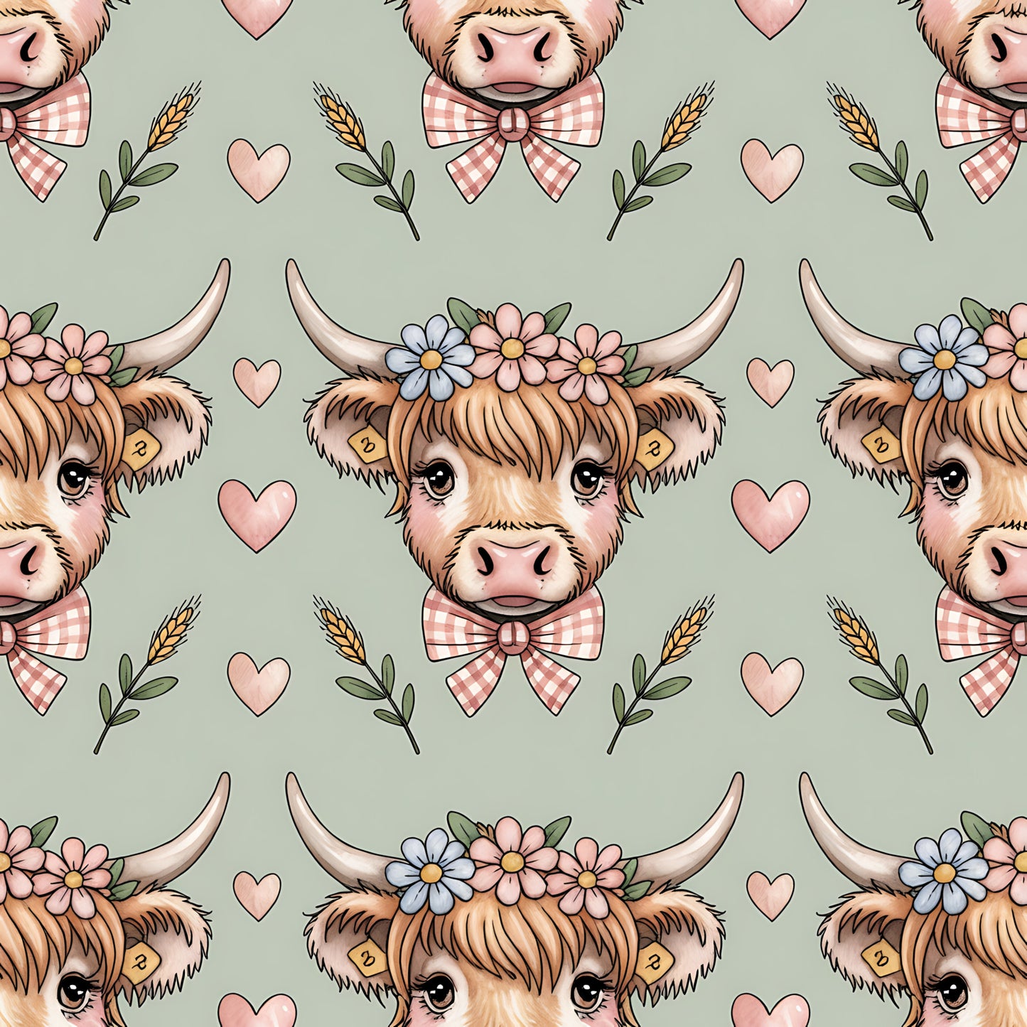 Highland Cow Heads Pattern 13 Quilting Cotton Fabric