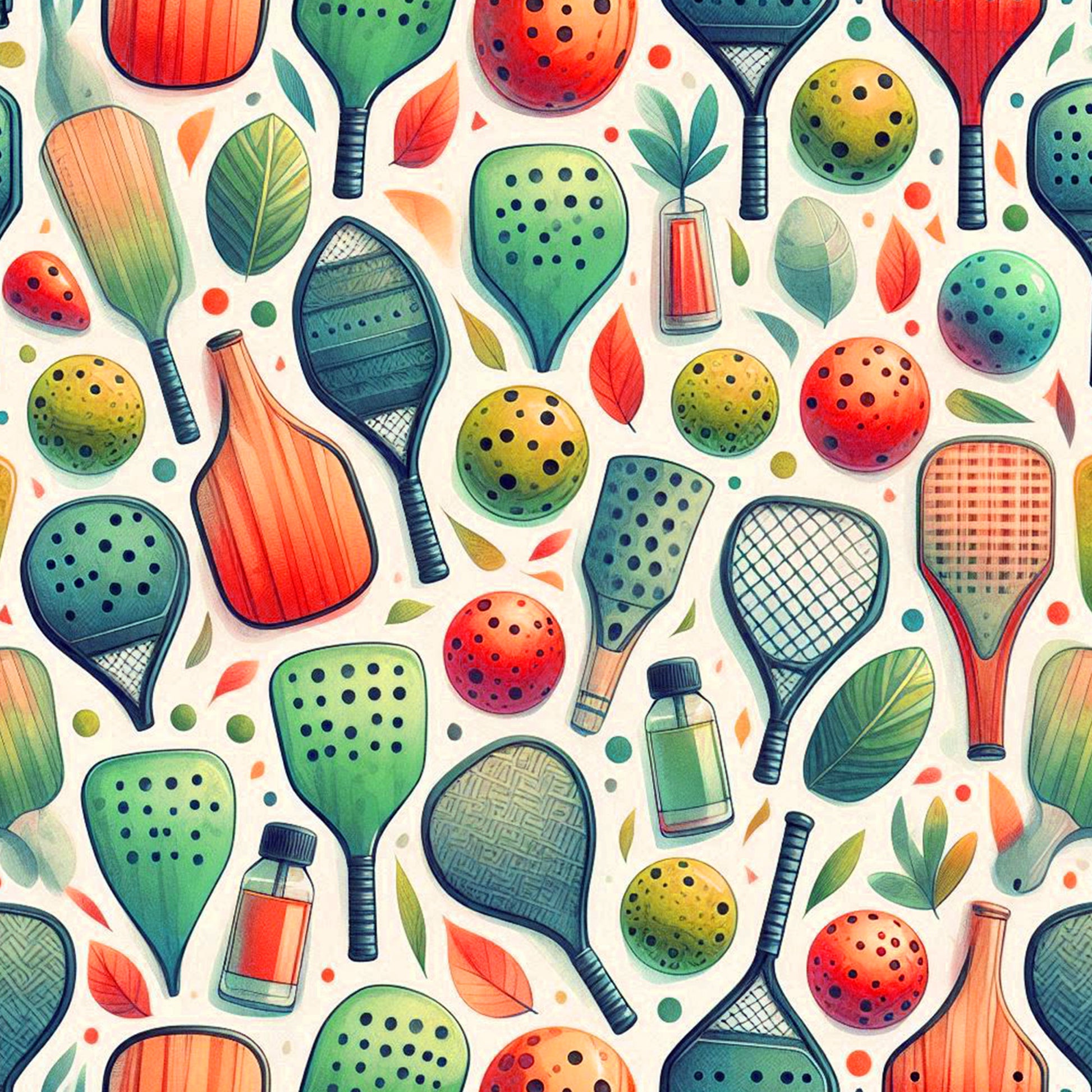 watercolor, pickleball, paddles, balls, coral, teal, green, orange, yellow, leaves, botanical, sports equipment, quilting cotton, fabric panel, modern illustration, athletic theme, recreational sports, geometric patterns, vibrant colors, contemporary design