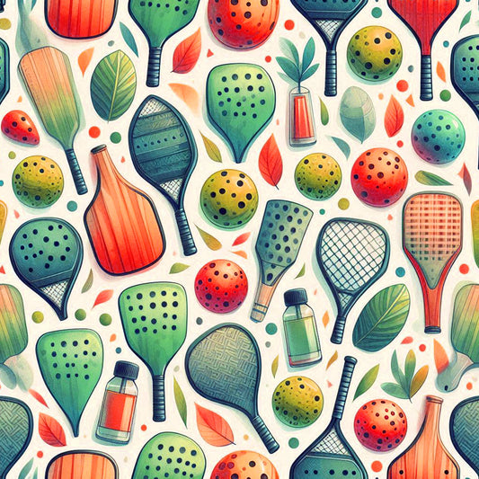 watercolor, pickleball, paddles, balls, coral, teal, green, orange, yellow, leaves, botanical, sports equipment, quilting cotton, fabric panel, modern illustration, athletic theme, recreational sports, geometric patterns, vibrant colors, contemporary design