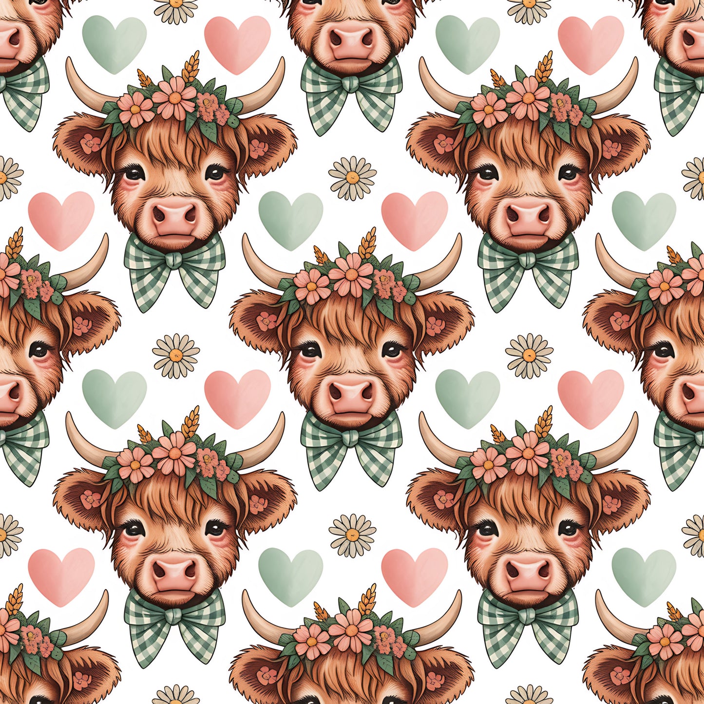 Highland Cow Heads Pattern 5 Quilting Cotton Fabric