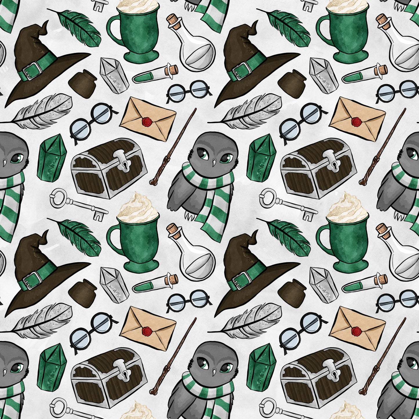 wizard theme, magic school, owl characters, green striped scarves, witch hats, potion bottles, treasure chests, feathers, books, round glasses, wands, letters, keys, emerald green, brown, gray, white, beige, whimsical illustration, fantasy motifs, quilting cotton, fabric panel, repeating pattern, magical elements
