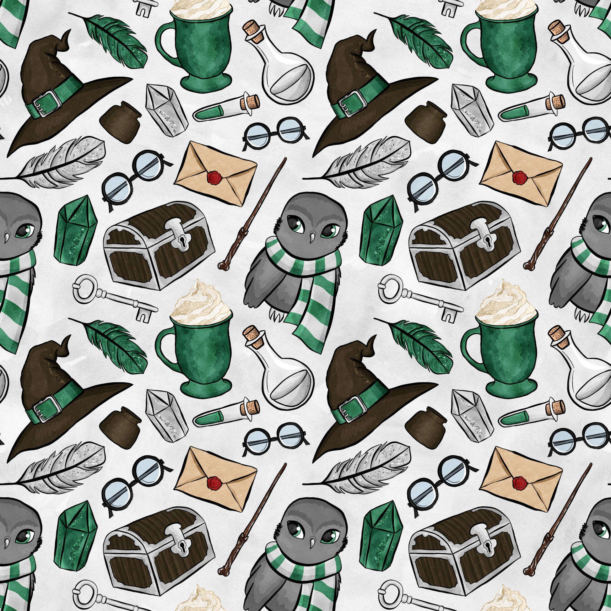 wizard theme, magic school, owl characters, green striped scarves, witch hats, potion bottles, treasure chests, feathers, books, round glasses, wands, letters, keys, emerald green, brown, gray, white, beige, whimsical illustration, fantasy motifs, quilting cotton, fabric panel, repeating pattern, magical elements