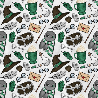 wizard theme, magic school, owl characters, green striped scarves, witch hats, potion bottles, treasure chests, feathers, books, round glasses, wands, letters, keys, emerald green, brown, gray, white, beige, whimsical illustration, fantasy motifs, quilting cotton, fabric panel, repeating pattern, magical elements