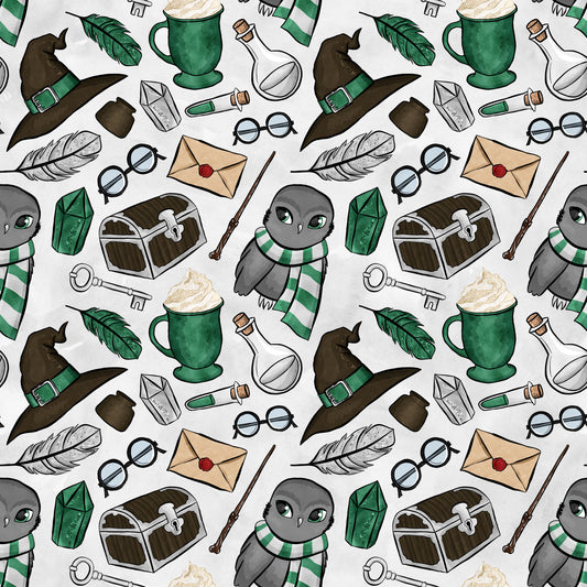 wizard theme, magic school, owl characters, green striped scarves, witch hats, potion bottles, treasure chests, feathers, books, round glasses, wands, letters, keys, emerald green, brown, gray, white, beige, whimsical illustration, fantasy motifs, quilting cotton, fabric panel, repeating pattern, magical elements