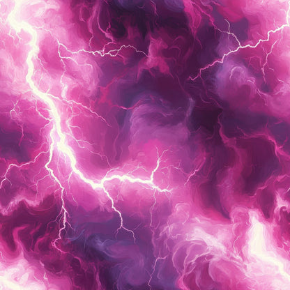 pink, magenta, purple, lavender, lightning bolts, thunderstorm, storm clouds, electric, dramatic sky, swirling clouds, bright lightning, quilting cotton, fabric panel, stormy weather, vibrant colors, nature scene, atmospheric, energetic, striking, weather pattern