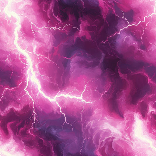 pink, magenta, purple, lavender, lightning bolts, thunderstorm, storm clouds, electric, dramatic sky, swirling clouds, bright lightning, quilting cotton, fabric panel, stormy weather, vibrant colors, nature scene, atmospheric, energetic, striking, weather pattern