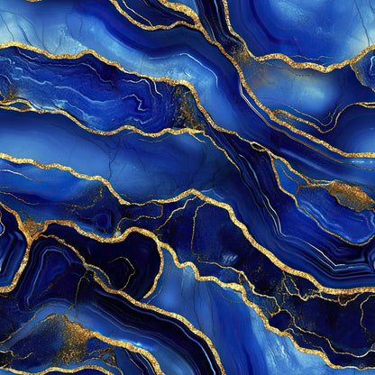 royal blue, gold, navy blue, sapphire blue, cobalt blue, agate pattern, marble texture, geode design, flowing lines, abstract swirls, mineral veins, crystalline formations, luxurious, elegant, fluid movement, quilting cotton, fabric panel, gemstone inspired, natural stone, metallic accents