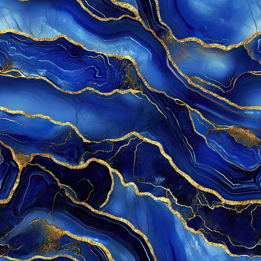 royal blue, gold, navy blue, sapphire blue, cobalt blue, agate pattern, marble texture, geode design, flowing lines, abstract swirls, mineral veins, crystalline formations, luxurious, elegant, fluid movement, quilting cotton, fabric panel, gemstone inspired, natural stone, metallic accents