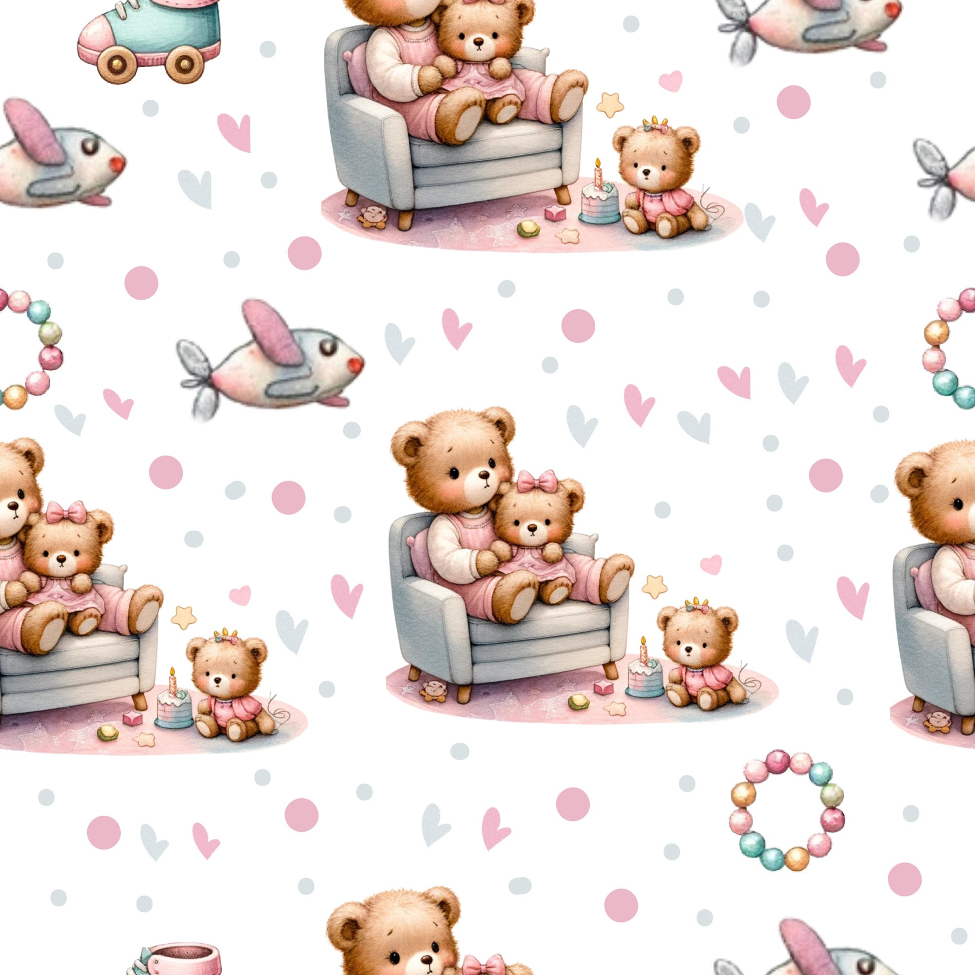 pink, teddy bears, baby theme, nursery pattern, quilting cotton, fabric panel, watercolor style, cute animals, soft pastels, gray chair, birthday cake, toy airplane, beaded bracelet, hearts, polka dots, whimsical design, children's fabric, repeating pattern, gentle colors, playful motifs