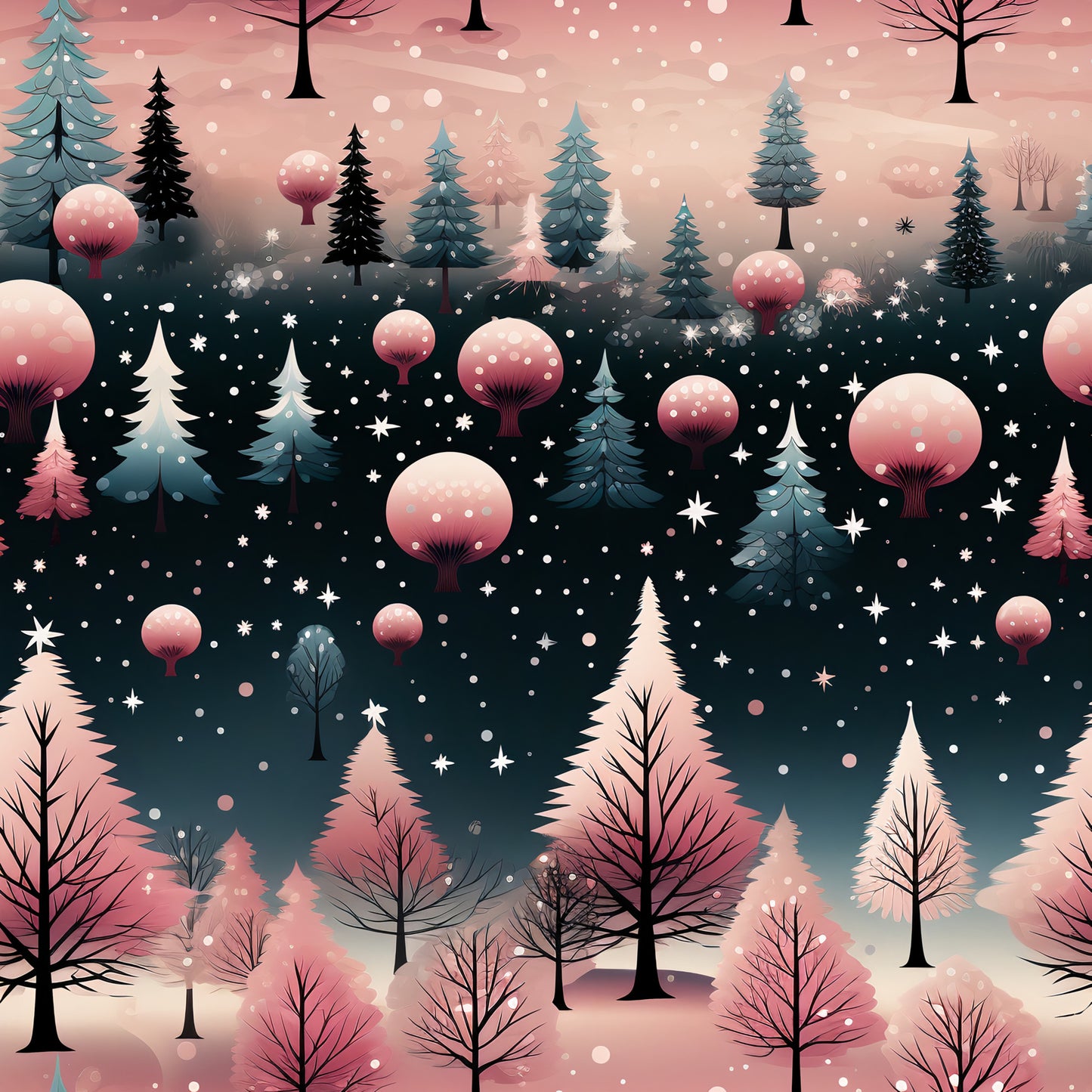 winter wonderland, christmas fabric, quilting cotton, fabric panel, pink gradient, teal blue, coral pink, evergreen trees, pine trees, snowflakes, falling snow, whimsical trees, winter forest, holiday pattern, seasonal design, cotton fabric, festive colors, snow covered trees, winter scene, magical forest