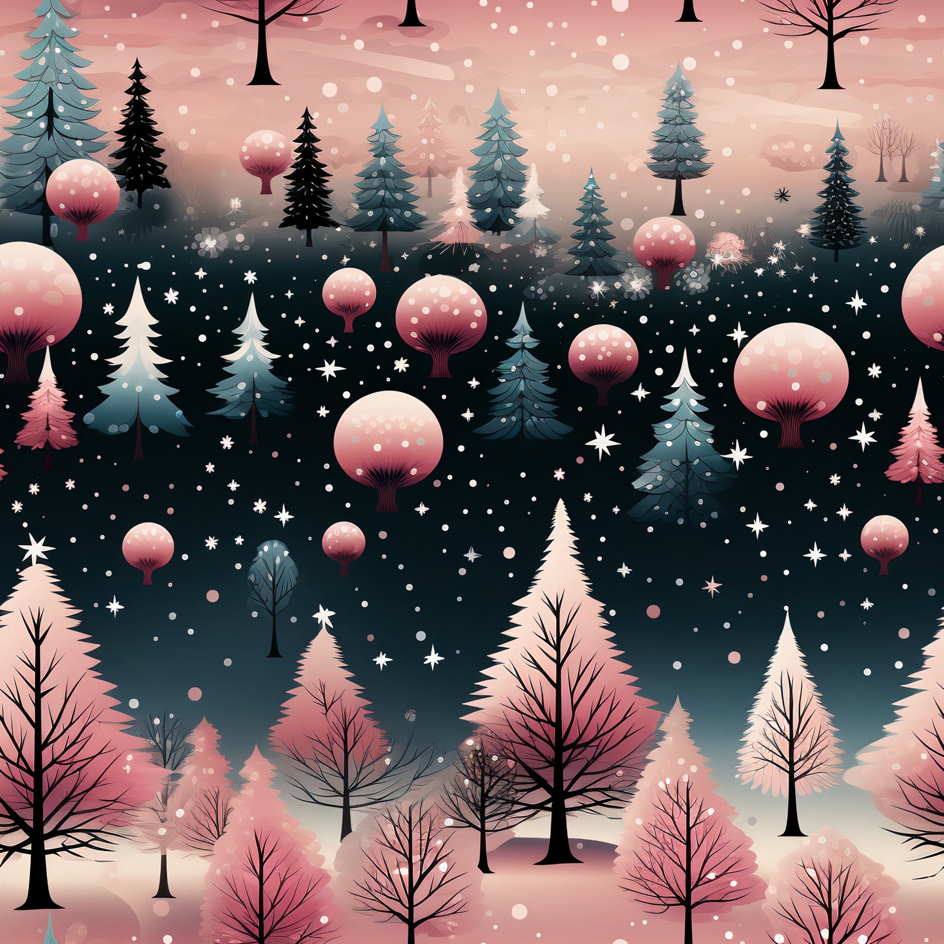 winter wonderland, christmas fabric, quilting cotton, fabric panel, pink gradient, teal blue, coral pink, evergreen trees, pine trees, snowflakes, falling snow, whimsical trees, winter forest, holiday pattern, seasonal design, cotton fabric, festive colors, snow covered trees, winter scene, magical forest
