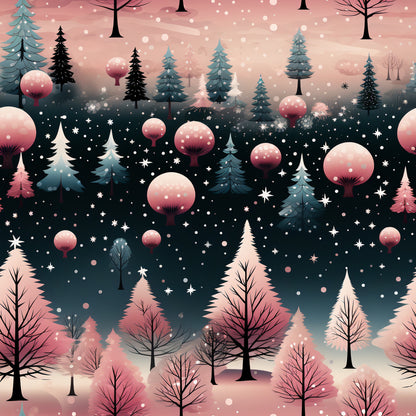 winter wonderland, christmas fabric, quilting cotton, fabric panel, pink gradient, teal blue, coral pink, evergreen trees, pine trees, snowflakes, falling snow, whimsical trees, winter forest, holiday pattern, seasonal design, cotton fabric, festive colors, snow covered trees, winter scene, magical forest