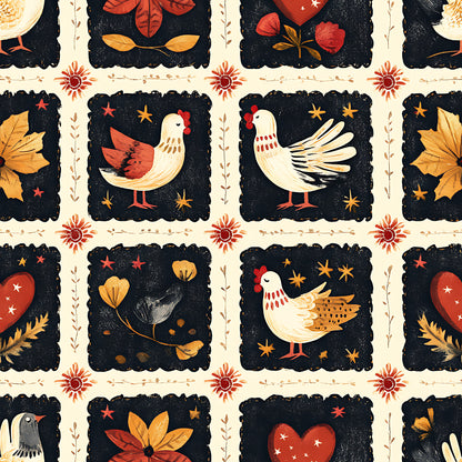 cream background, navy blue, rust red, golden yellow, folk art, roosters, chickens, hearts, flowers, leaves, stars, quilting cotton, fabric panel, autumn colors, farmhouse style, country motif, patchwork squares, decorative borders, warm tones, botanical elements