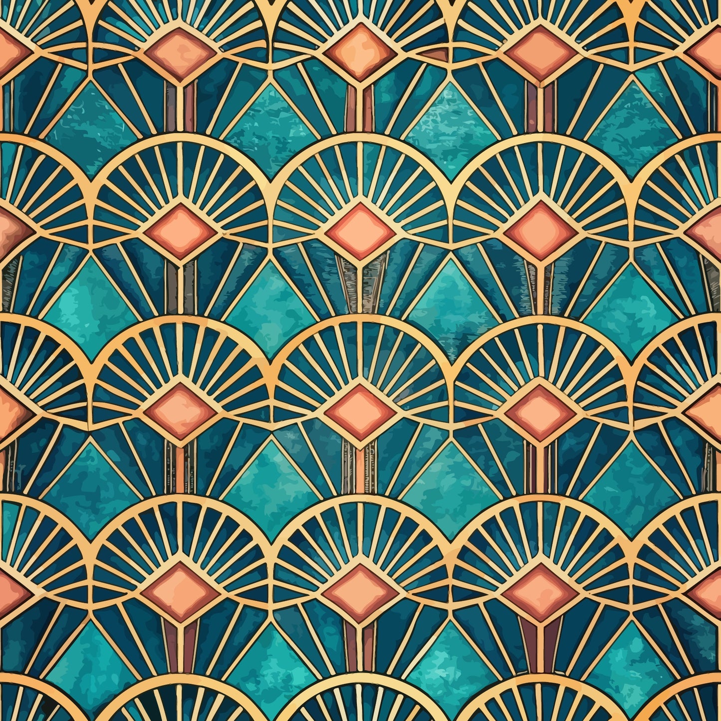 teal, turquoise, coral pink, gold, navy blue, art deco, geometric pattern, fan motif, sunburst design, diamond shapes, repeating pattern, ornate design, vintage style, luxurious, symmetrical, quilting cotton, fabric panel, decorative motifs, scalloped edges, metallic accents