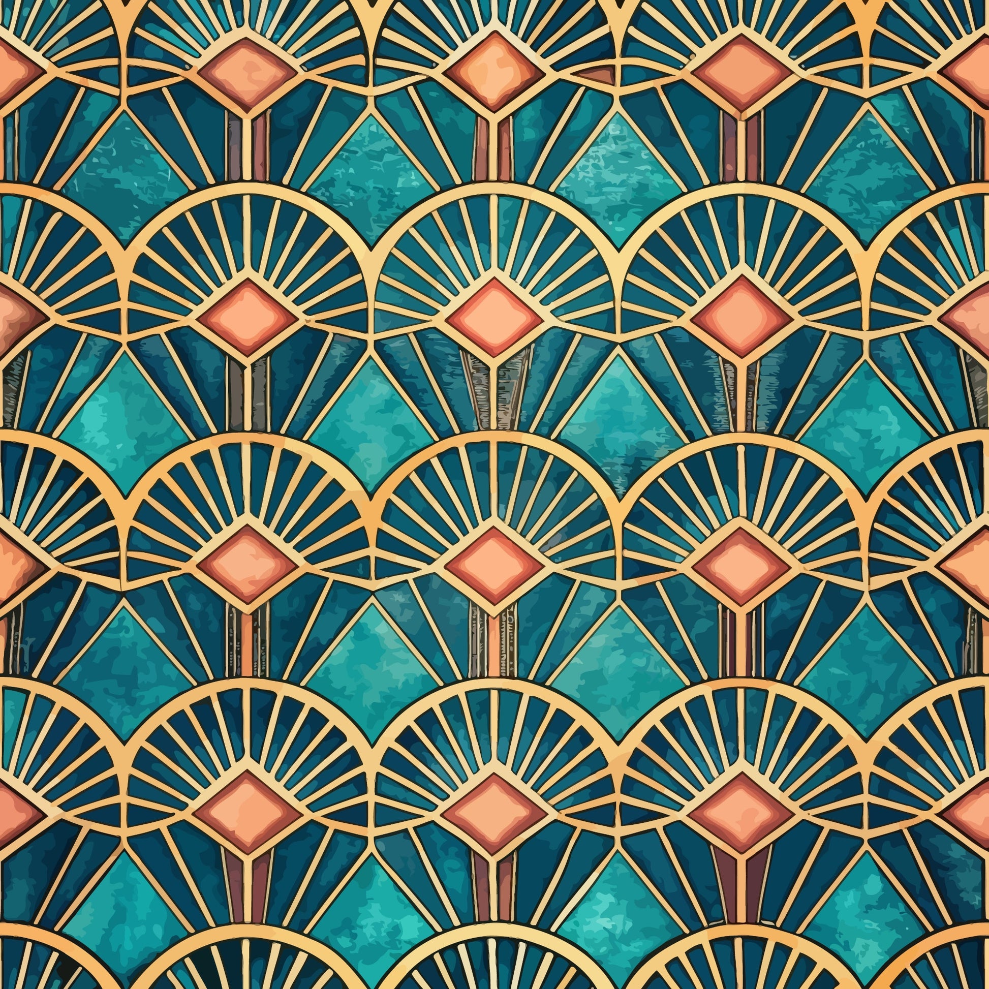 teal, turquoise, coral pink, gold, navy blue, art deco, geometric pattern, fan motif, sunburst design, diamond shapes, repeating pattern, ornate design, vintage style, luxurious, symmetrical, quilting cotton, fabric panel, decorative motifs, scalloped edges, metallic accents