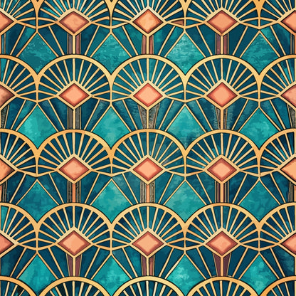 teal, turquoise, coral pink, gold, navy blue, art deco, geometric pattern, fan motif, sunburst design, diamond shapes, repeating pattern, ornate design, vintage style, luxurious, symmetrical, quilting cotton, fabric panel, decorative motifs, scalloped edges, metallic accents