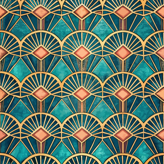 teal, turquoise, coral pink, gold, navy blue, art deco, geometric pattern, fan motif, sunburst design, diamond shapes, repeating pattern, ornate design, vintage style, luxurious, symmetrical, quilting cotton, fabric panel, decorative motifs, scalloped edges, metallic accents