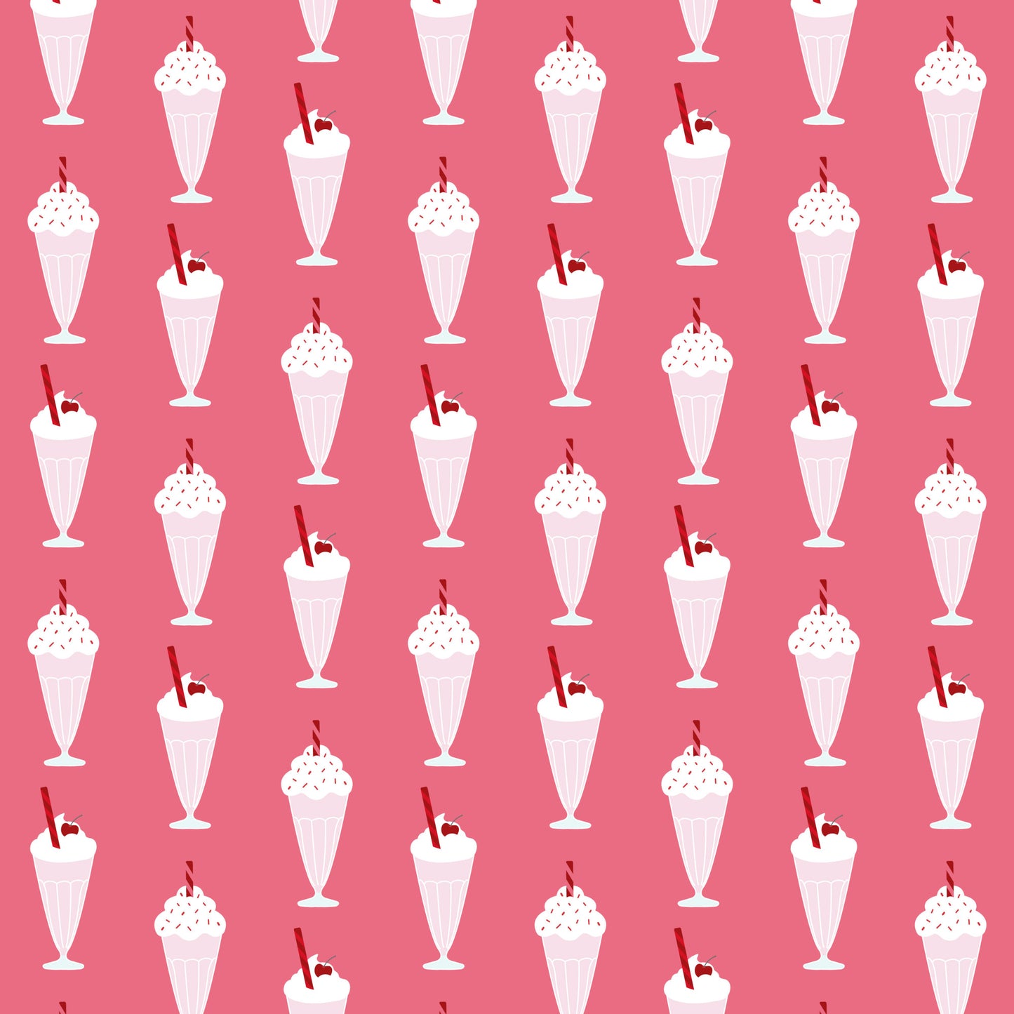 pink background, milkshakes, ice cream sundaes, retro desserts, 1950s style, diner theme, whipped cream, cherries, sprinkles, vintage illustrations, nostalgic pattern, repeating motif, quilting cotton, fabric panel, sweet treats, soda fountain, pastel pink, white cream, red accents, mid-century modern