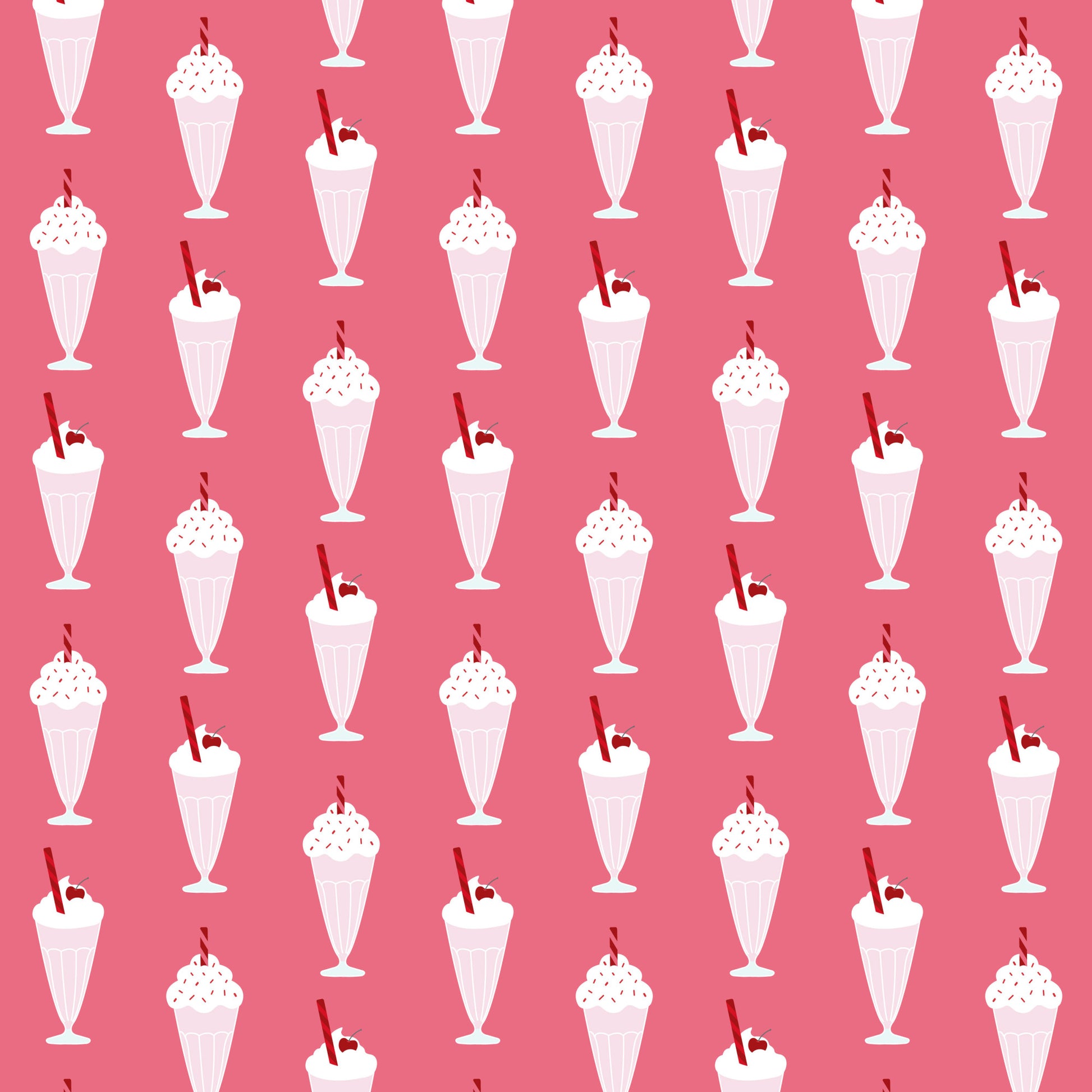 pink background, milkshakes, ice cream sundaes, retro desserts, 1950s style, diner theme, whipped cream, cherries, sprinkles, vintage illustrations, nostalgic pattern, repeating motif, quilting cotton, fabric panel, sweet treats, soda fountain, pastel pink, white cream, red accents, mid-century modern