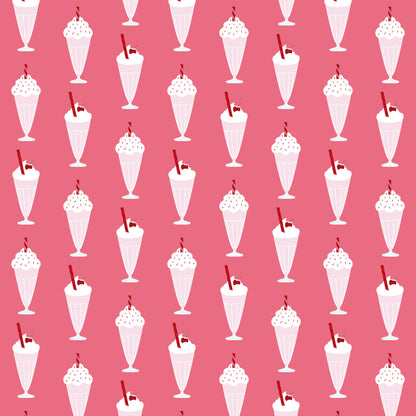 pink background, milkshakes, ice cream sundaes, retro desserts, 1950s style, diner theme, whipped cream, cherries, sprinkles, vintage illustrations, nostalgic pattern, repeating motif, quilting cotton, fabric panel, sweet treats, soda fountain, pastel pink, white cream, red accents, mid-century modern