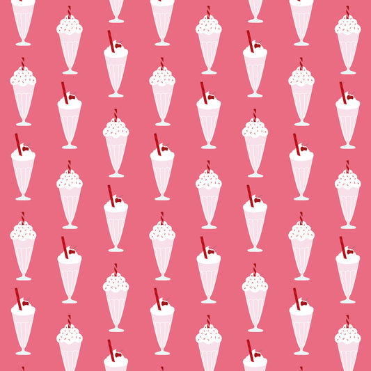 pink background, milkshakes, ice cream sundaes, retro desserts, 1950s style, diner theme, whipped cream, cherries, sprinkles, vintage illustrations, nostalgic pattern, repeating motif, quilting cotton, fabric panel, sweet treats, soda fountain, pastel pink, white cream, red accents, mid-century modern