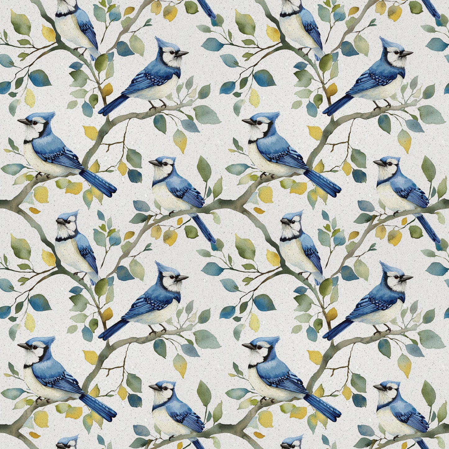 blue jay birds, botanical branches, watercolor style, nature pattern, quilting cotton, fabric panel, bird motif, leafy branches, blue and white, green foliage, yellow leaves, repeating design, wildlife theme, ornithology inspired, soft pastels, delicate artwork, seamless pattern, avian subjects, natural elements, spring colors