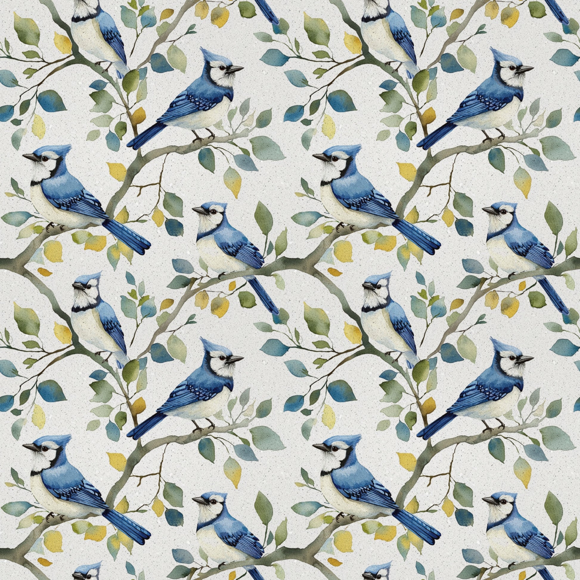 blue jay birds, botanical branches, watercolor style, nature pattern, quilting cotton, fabric panel, bird motif, leafy branches, blue and white, green foliage, yellow leaves, repeating design, wildlife theme, ornithology inspired, soft pastels, delicate artwork, seamless pattern, avian subjects, natural elements, spring colors