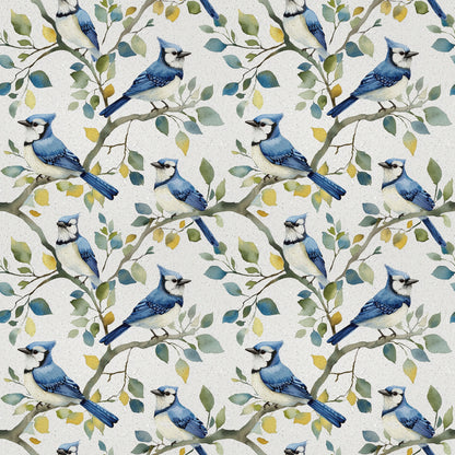 blue jay birds, botanical branches, watercolor style, nature pattern, quilting cotton, fabric panel, bird motif, leafy branches, blue and white, green foliage, yellow leaves, repeating design, wildlife theme, ornithology inspired, soft pastels, delicate artwork, seamless pattern, avian subjects, natural elements, spring colors